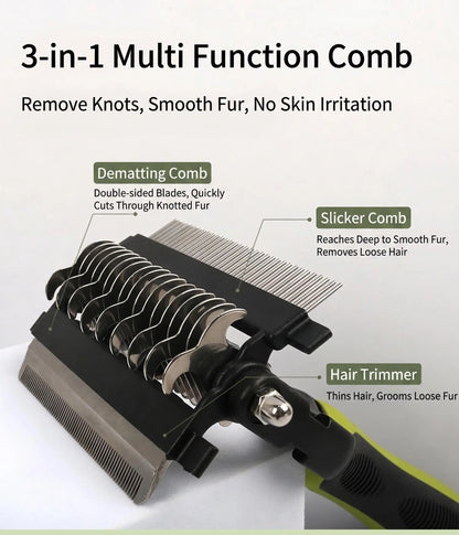 Pet Grooming Brush,Upgraded Double-Sided No Scratching Pet Deshedding Tool-Stainless Steel Rounded Teeth Rake, 1-Click Clean, Extra-Wide Mess-Free Brush for Long-Haired Dogs & Cats, Hair Reduction, Detangles Mats, Daily Grooming Care, Universal Fit