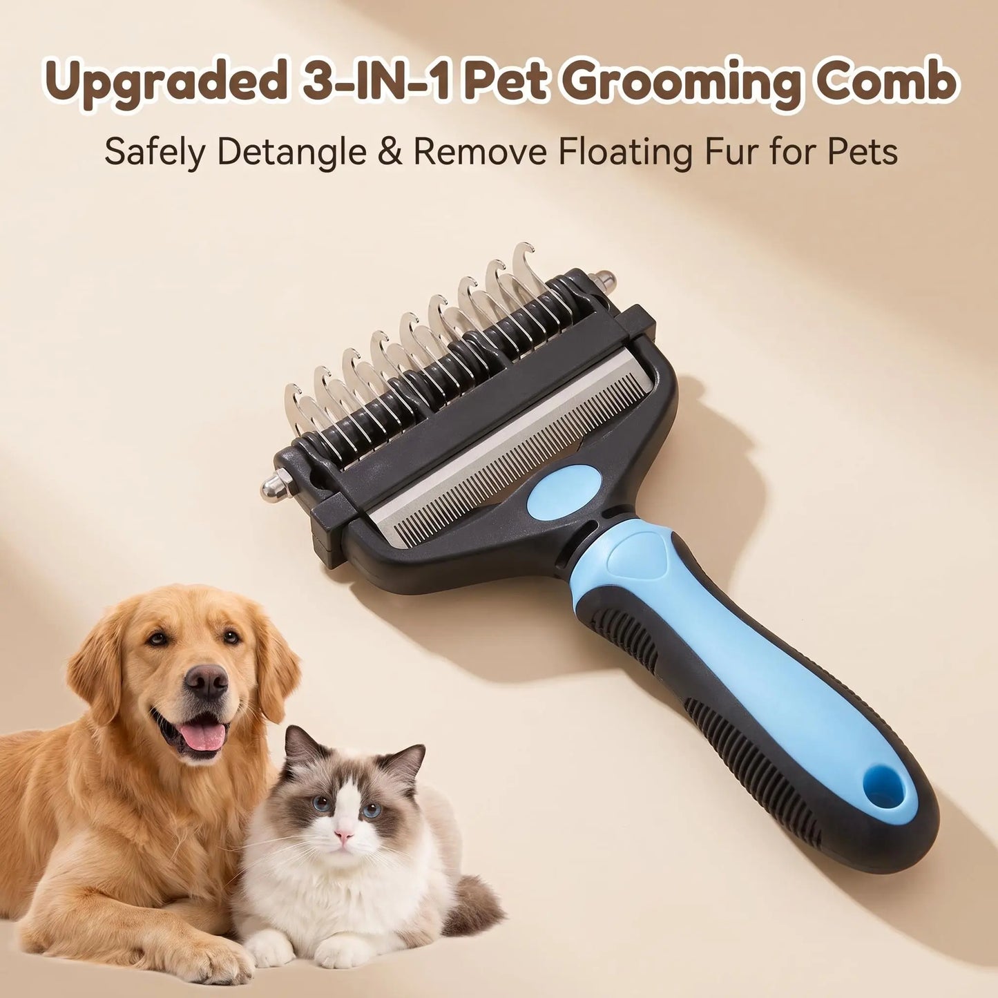 Pet Grooming Brush,Upgraded Double-Sided No Scratching Pet Deshedding Tool-Stainless Steel Rounded Teeth Rake, 1-Click Clean, Extra-Wide Mess-Free Brush for Long-Haired Dogs & Cats, Hair Reduction, Detangles Mats, Daily Grooming Care, Universal Fit