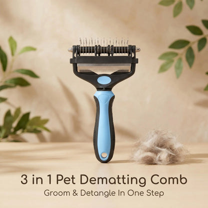 Pet Grooming Brush,Upgraded Double-Sided No Scratching Pet Deshedding Tool-Stainless Steel Rounded Teeth Rake, 1-Click Clean, Extra-Wide Mess-Free Brush for Long-Haired Dogs & Cats, Hair Reduction, Detangles Mats, Daily Grooming Care, Universal Fit