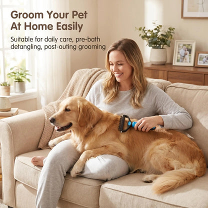 Pet Grooming Brush,Upgraded Double-Sided No Scratching Pet Deshedding Tool-Stainless Steel Rounded Teeth Rake, 1-Click Clean, Extra-Wide Mess-Free Brush for Long-Haired Dogs & Cats, Hair Reduction, Detangles Mats, Daily Grooming Care, Universal Fit