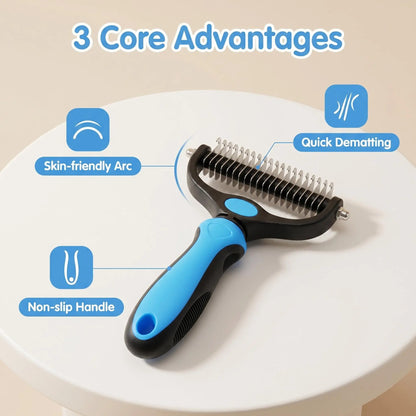 Pet Grooming Brush,Upgraded Double-Sided No Scratching Pet Deshedding Tool-Stainless Steel Rounded Teeth Rake, 1-Click Clean, Extra-Wide Mess-Free Brush for Long-Haired Dogs & Cats, Hair Reduction, Detangles Mats, Daily Grooming Care, Universal Fit