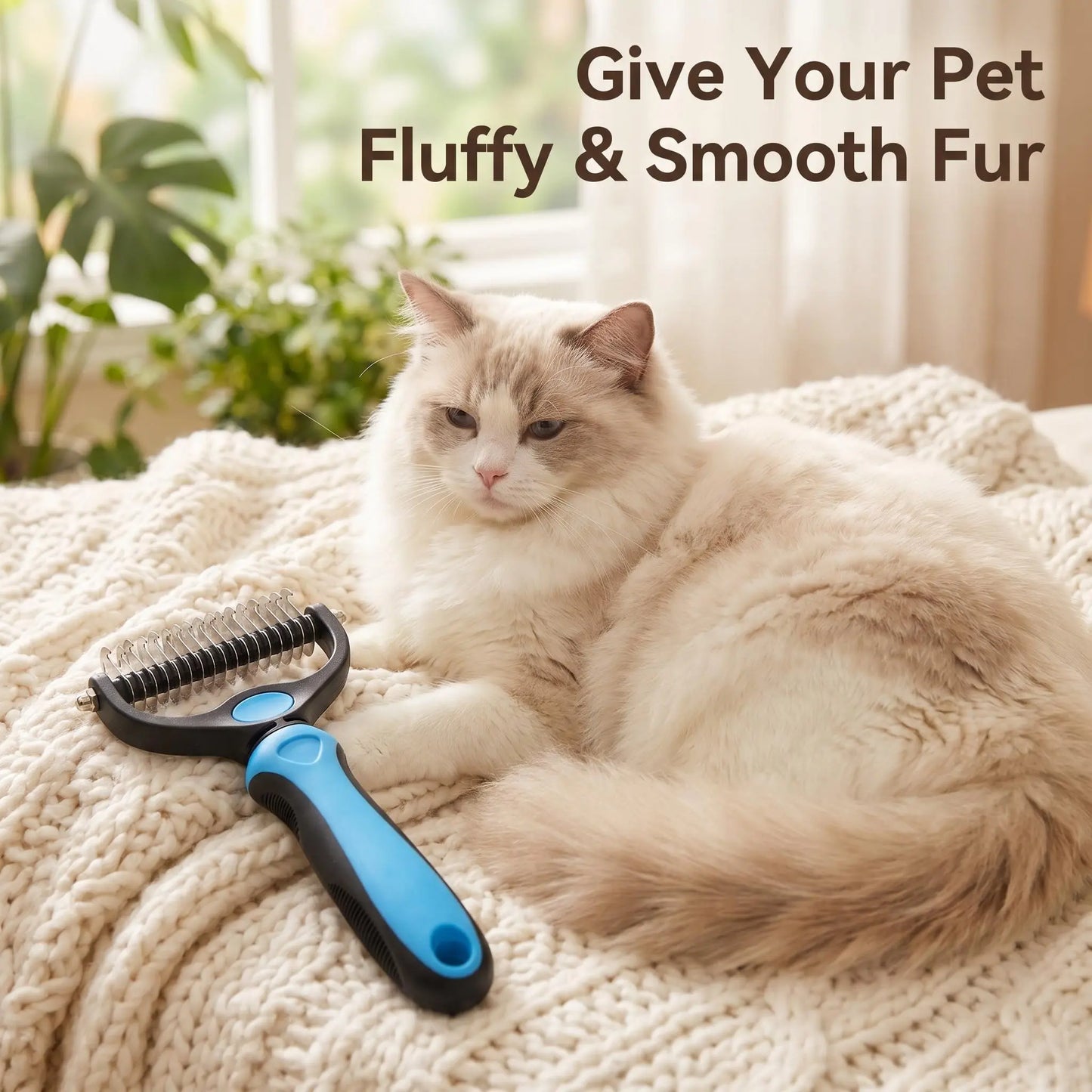 Pet Grooming Brush,Upgraded Double-Sided No Scratching Pet Deshedding Tool-Stainless Steel Rounded Teeth Rake, 1-Click Clean, Extra-Wide Mess-Free Brush for Long-Haired Dogs & Cats, Hair Reduction, Detangles Mats, Daily Grooming Care, Universal Fit